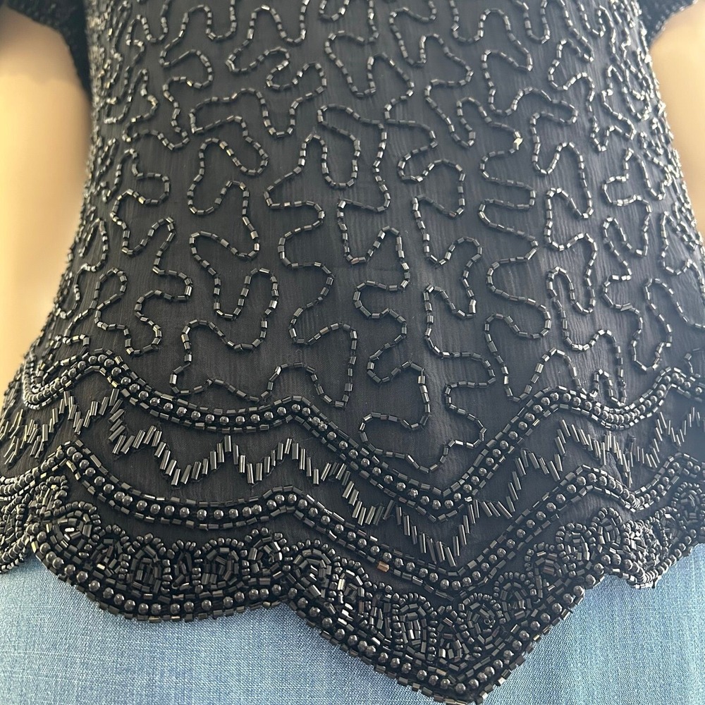 Vintage 80s Cote d'Azur Black Beaded Silk Evening Blouse Sweetheart Top L - Picture 6 of 10